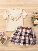 Toddler Girls Ruffle Trim Tee & Plaid Print Buckle Pleated Skirt