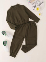 Toddler Girls Mock Neck Pullover & Flap Pocket Sweatpants