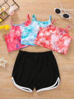 Toddler Girls 3pcs Tie Dye Cami Top With 1pc Contrast Binding Shorts
