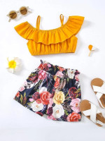 Toddler Girls Ruffle Trim Top & Floral Print Paper Bag Waist Shorts