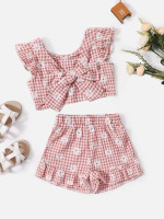 Toddler Girls Plaid And Floral Print Ruffle Trim Top & Shorts