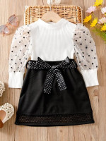 Toddler Girls Polka Dot Puff Sleeve Top & Belted Skirt