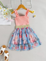 Toddler Girls Frill Trim Cami Top & Floral Mesh Skirt