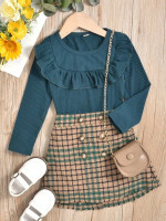 Toddler Girls Ruffle Trim Top & Plaid Double Breasted Skirt