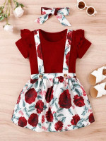Toddler Girls Ruffle Trim Tee & Floral Print Suspender Skirt & Headband