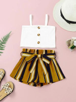 Toddler Girls Fake Button Cami Top With Striped Belted Shorts