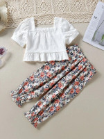Toddler Girls Square Neck Ruffle Hem Textured Top & Floral Print Pants