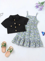 Toddler Girls Knot Hem Button Up Blouse & Floral Print Ruffle Hem Cami Dress