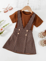Toddler Girls Solid Top & Houndstooth Print Suspender Skirt