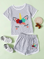 Toddler Girls Cartoon & Striped Tee & Shorts