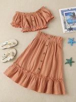 Toddler Girls Button Front Flounce Sleeve Blouse & Ruffle Hem Skirt