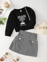 Toddler Girls Houndstooth And Slogan Graphic Tee & Skirt