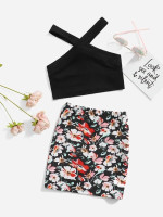 Toddler Girls Solid Halter Top & Floral Print Skirt
