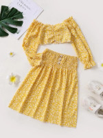 Toddler Girls Ditsy Floral Print Shirred Crop Top & Skirt