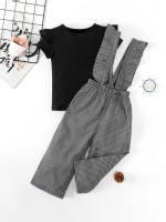 Toddler Girls Ruffle Trim Tee & Houndstooth Print Suspender Pants