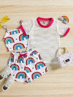 Toddler Girls Fishnet Ringer Tee & Rainbow Print Cami Top & Shorts