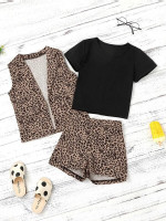 Toddler Girls Solid Tee & Leopard Print Vest Jacket & Shorts