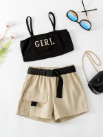Toddler Girls Letter Embroidered Cami Top & Belted Shorts