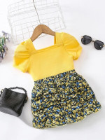 Toddler Girls Puff Sleeve Top & Floral Print Ruched Ruffle Hem Skirt