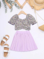 Toddler Girls Ditsy Floral Print Ruched Puff Sleeve Top & Pleated Skirt