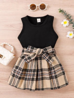 Toddler Girls Solid Tank Top With Plaid Belted Skirt