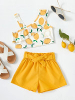 Toddler Girls Lemon Print Ruffle Trim Asymmetrical Neck Top & Belted Shorts