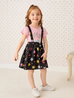 Toddler Girls Letter Graphic Tee And Galaxy Print Suspender Skirt Set