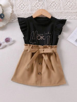 Toddler Girls Rabbit & Slogan Graphic Top & Paperbag Waist Belted Skirt
