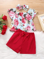 Toddler Girls Floral Print Top & Bow Front Shorts & Headband