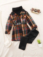 Toddler Girls Tartan Belted Coat & Pants With Sweater