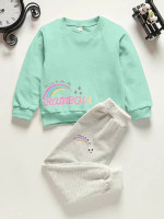 Toddler Girls Slogan And Rainbow Print Pullover & Sweatpants