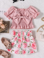 Toddler Girls Bow Front Shirred Frill Puff Sleeve Top & Allover Floral Print Shorts