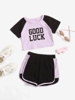 Toddler Girls Colorblock Slogan Graphic Tee & Track Shorts Set