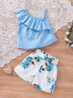 Toddler Girls Asymmetrical Neck Ruffle Trim Top & Sunflower Print Paperbag Waist Shorts