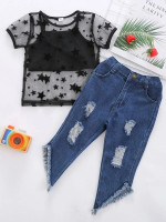Toddler Girls Star Mesh Tee & Cami Top & Ripped Asymmetrical Hem Jeans