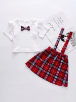 Toddler Girls Bow Front Ruffle Trim & Plaid Suspender Skirt