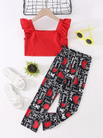 Toddler Girls Ruffle Trim Top & Letter And Heart Print Pants