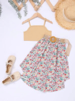 Toddler Girls Solid Cami Top & Ditsy Floral Asymmetrical Hem Belted Skirt