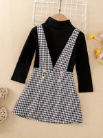 Toddler Girls Houndstooth Double Breasted Overall Dress & Turtle Neck Top