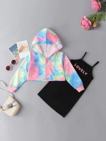 Toddler Girls Tie Dye Hoodie & Letter Graphic Cami Dress