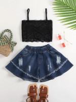 Toddler Girls Lace Cami Top & Ripped Raw Cut Denim Shorts