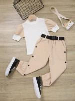 Toddler Girls Colorblock Puff Sleeve Tee & Fake Button Belted Pants