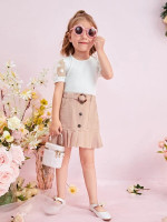 Toddler Girls Dobby Mesh Puff Sleeve Top & Ruffle Hem Button Front Skirt