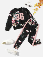 Toddler Girls Floral And Number Print Sweatshirt & Contrast Side Seam Leggings