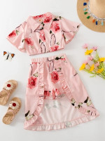 Toddler Girls Floral Print Butterfly Sleeve Blouse & Frilled Overlay Skort