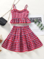 Toddler Girls Plaid Print Peplum Cami Top & Skirt
