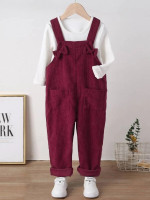 Toddler Girls Ribbed Knit Top & Bow Front Dual Pocket Corduroy Overalls