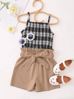 Toddler Girls Plaid Shirred Frill Trim Cami Top & Belted Shorts