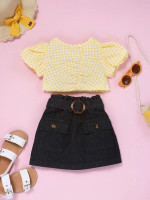 Toddler Girls Gingham Ruched Puff Sleeve Top & Flap Pocket Belted Skirt