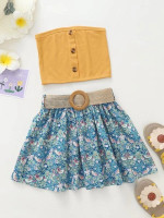 Toddler Girls Bird & Floral Print Belted Skirt & Tube Top